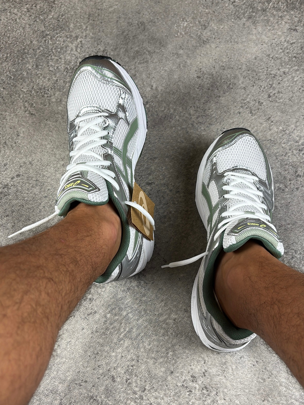 ASICS GEL-KAYANO 14 White Slate Grey — top down on feet