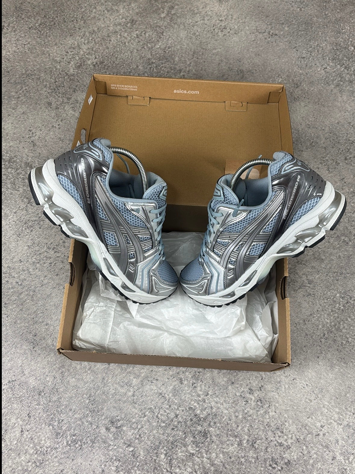 ASICS GEL-KAYANO 14 Dolphin Grey Pure Silver — in box from above