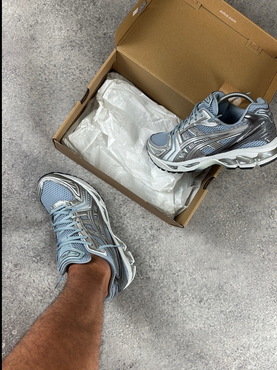 ASICS GEL-KAYANO 14 Dolphin Grey Pure Silver — on feet with box