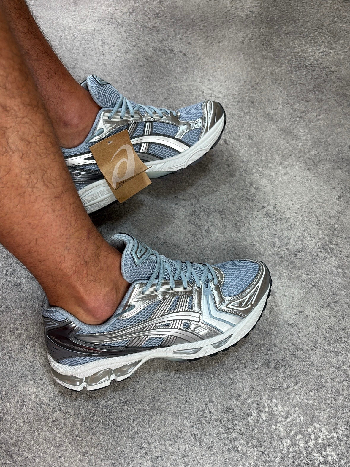 ASICS GEL-KAYANO 14 Dolphin Grey Pure Silver — on feet side view