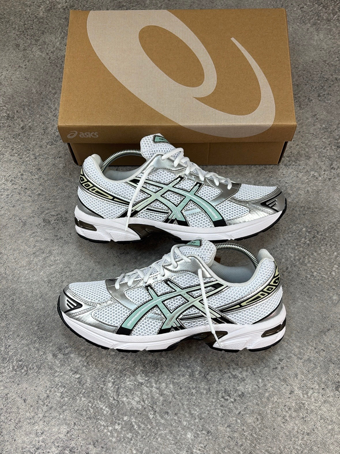ASICS GEL-1130 White Verdigris — pair with box top view