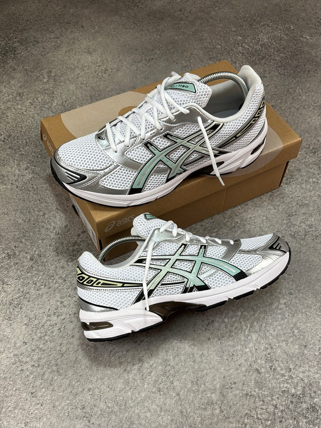 ASICS GEL-1130 White Verdigris — pair with box side view