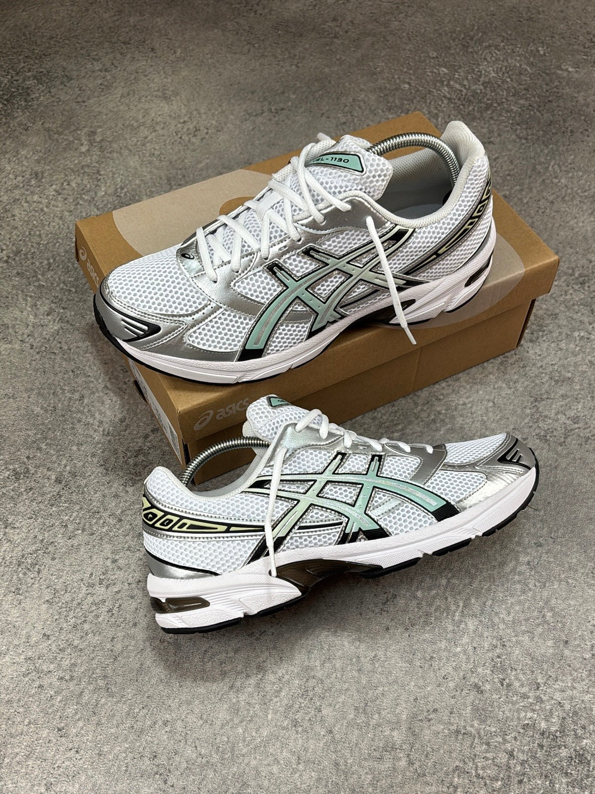 ASICS GEL-1130 White Verdigris — pair with box side view